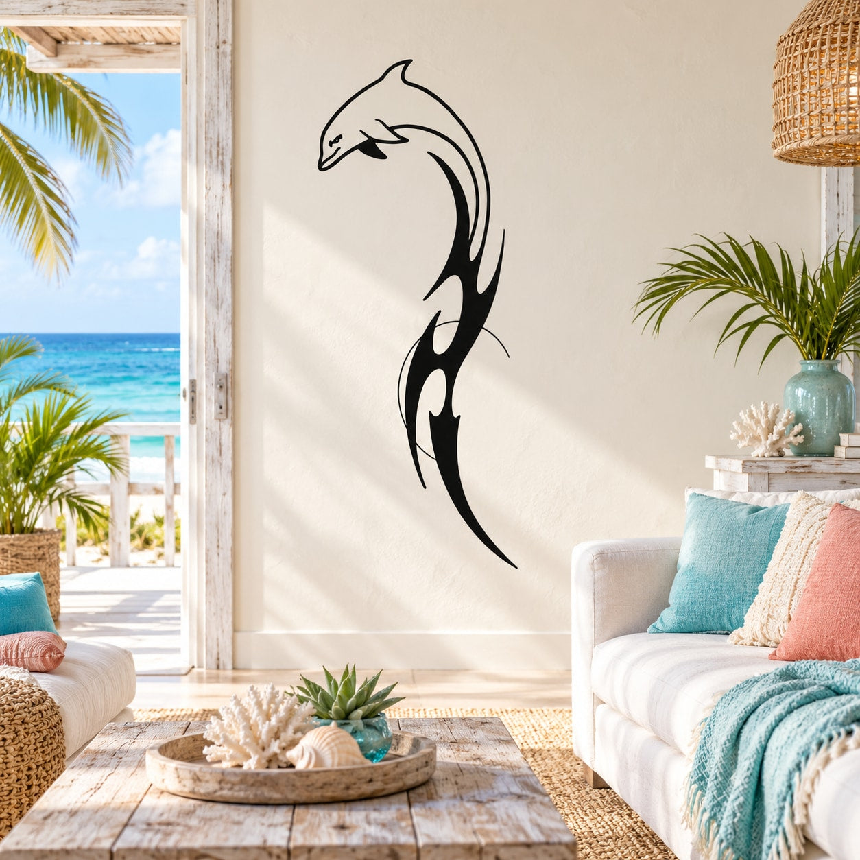 Black tribal dolphin tail and moon wall decal