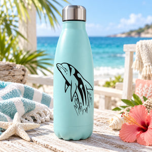Light blue water bottle with black dolphin splashing up decal