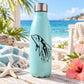Light blue water bottle with black dolphin splashing up decal