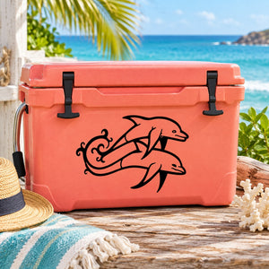 Coral cooler with black dolphin and vine couple decal