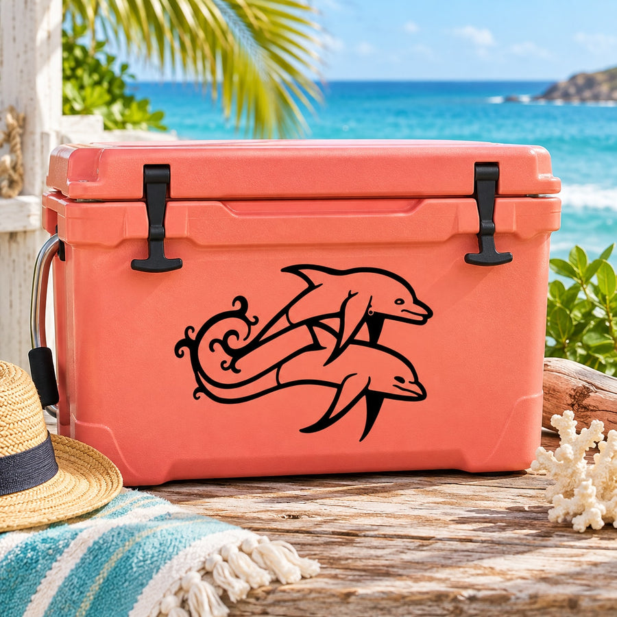 Coral cooler with black dolphin and vine couple decal