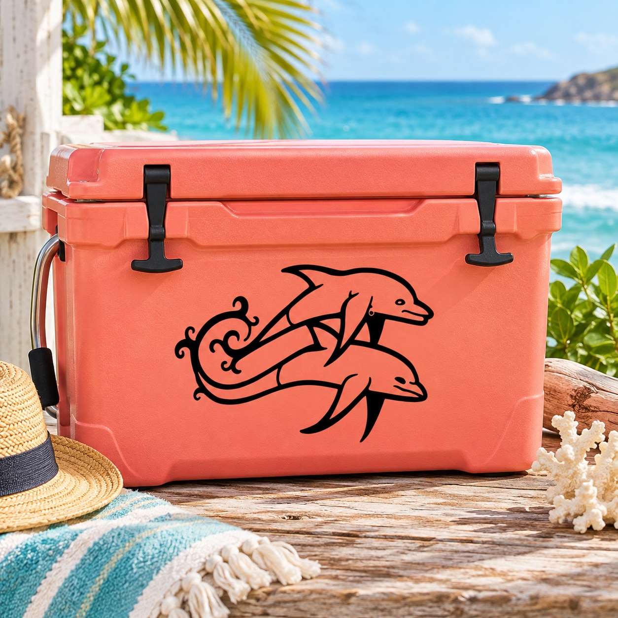 Coral cooler with black dolphin and vine couple decal
