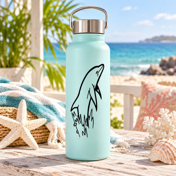 Light blue water bottle with black dolphin decal