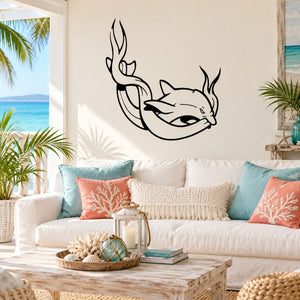 Dolphin banner wall decal, black line-art dolphin with ribbon accents
