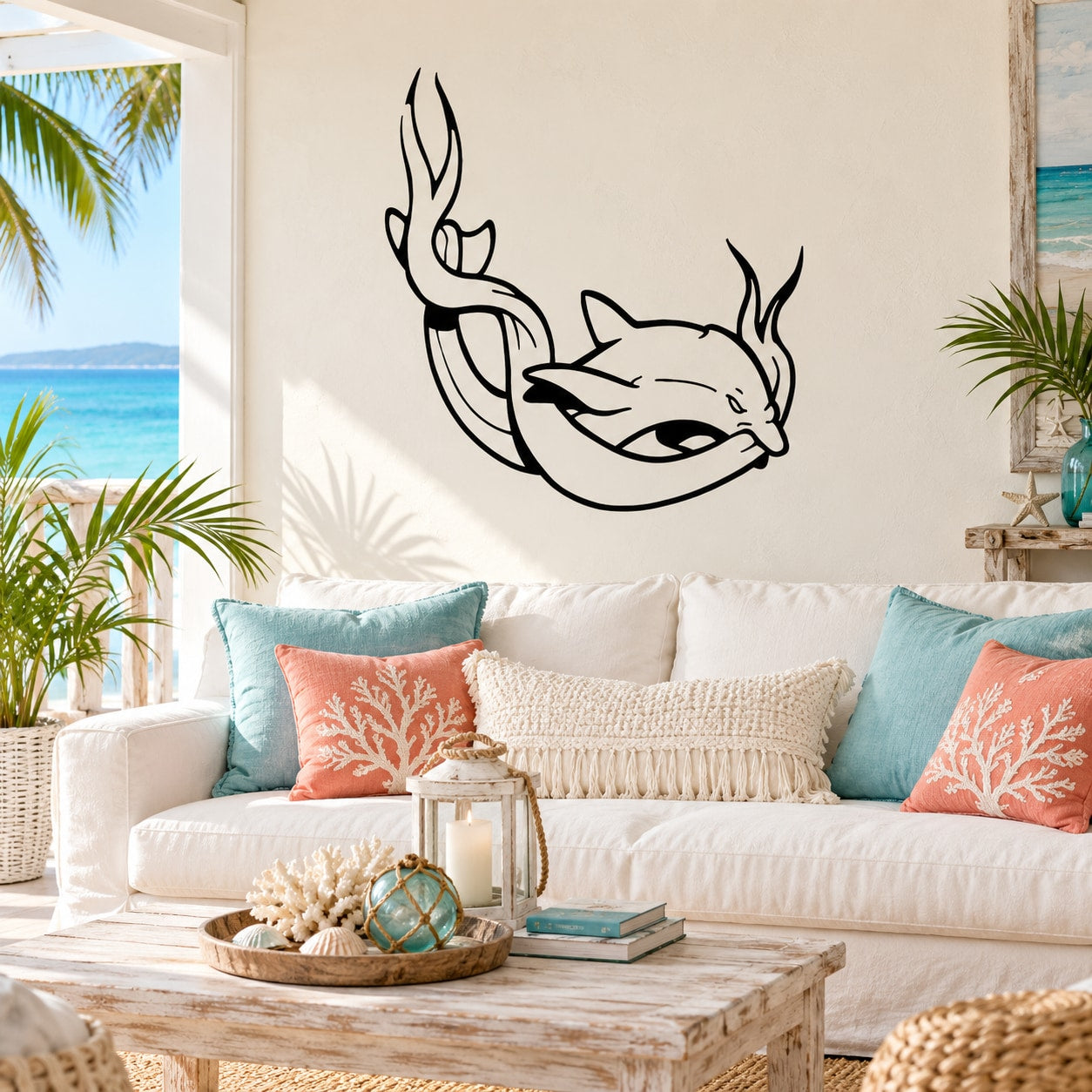Dolphin banner wall decal, black line-art dolphin with ribbon accents