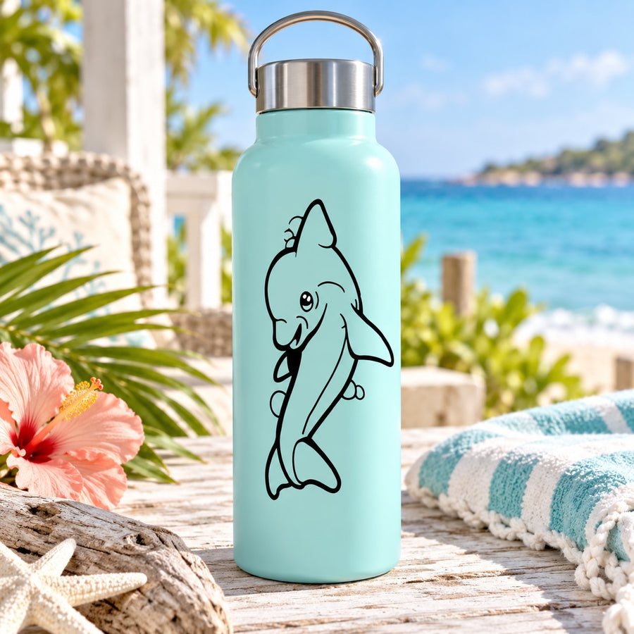 Teal kids water bottle with black dolphin decal and carry handle
