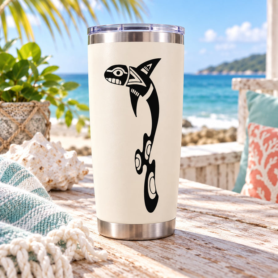 White tumbler with black dolphin decal in Native-style tribal lines