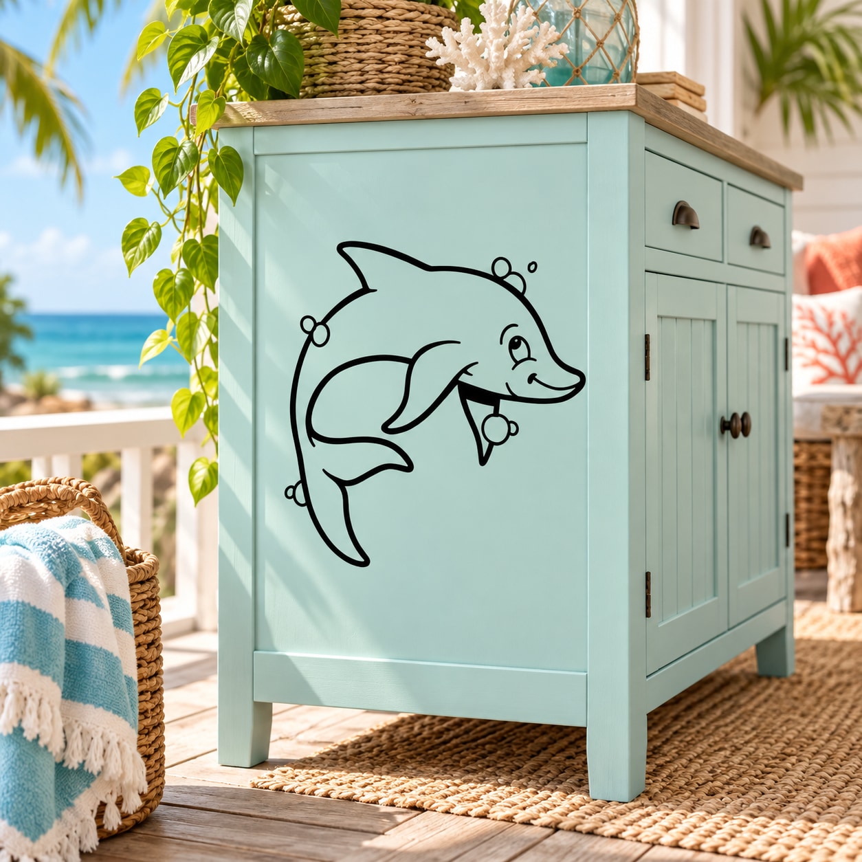 Black dolphin decal with smiling face on light blue cabinet door