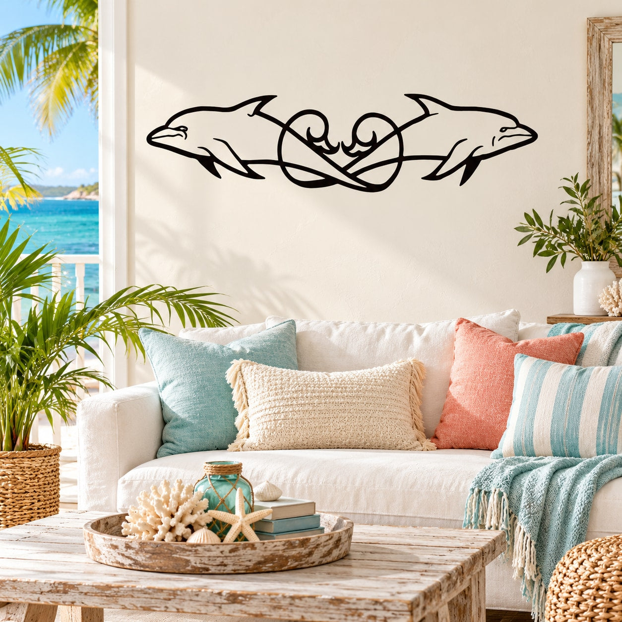 Dolphin tail vine wall decal, black line art on light wall.