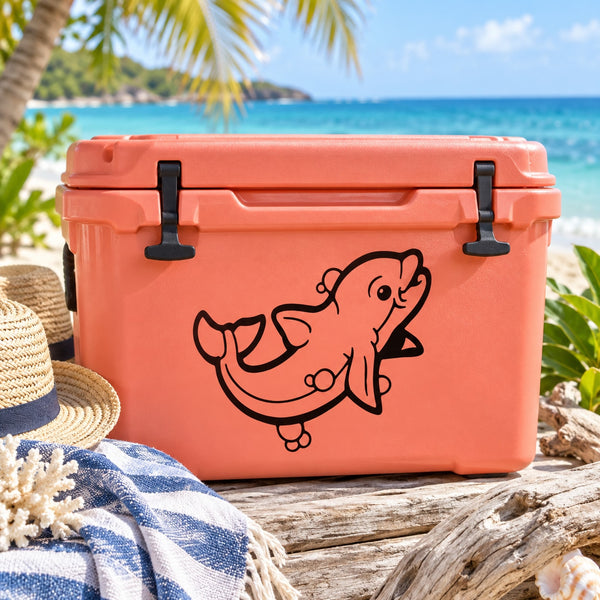 Kids dolphin decal, black line-art dolphin on orange cooler lid
