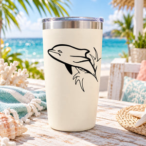 White tumbler with black dolphin decal
