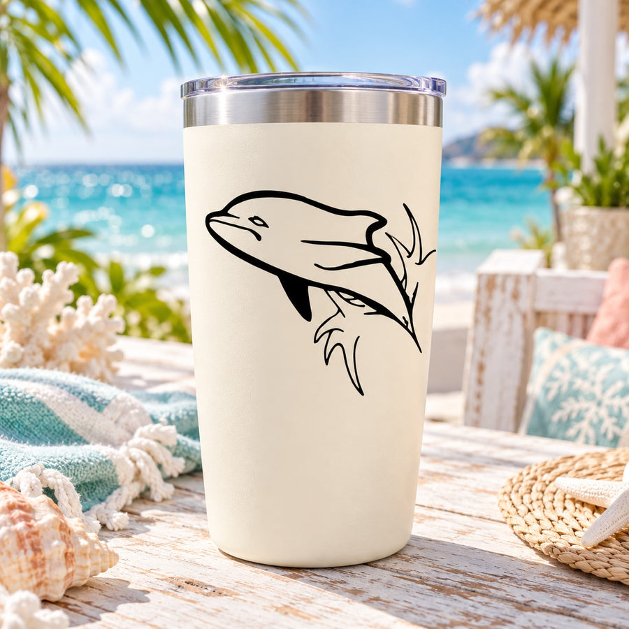 White tumbler with black dolphin decal