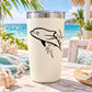 White tumbler with black dolphin decal