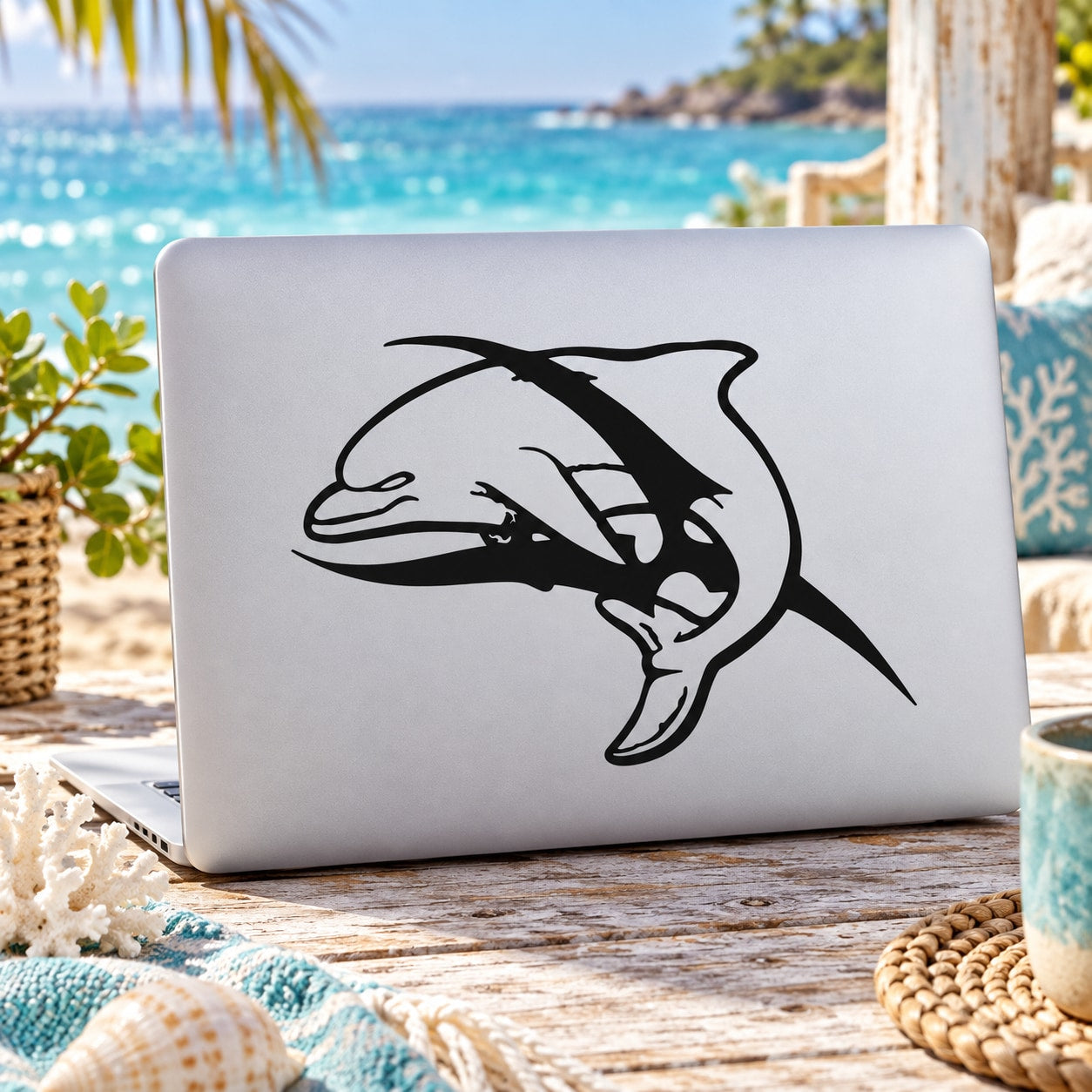 Evil dolphin blade decal sticker with black dolphin graphic on light background