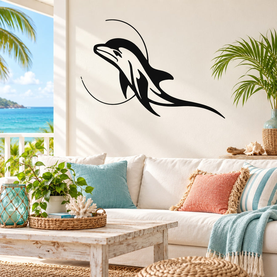 Dolphin wall decal in black with curved moon shape accents