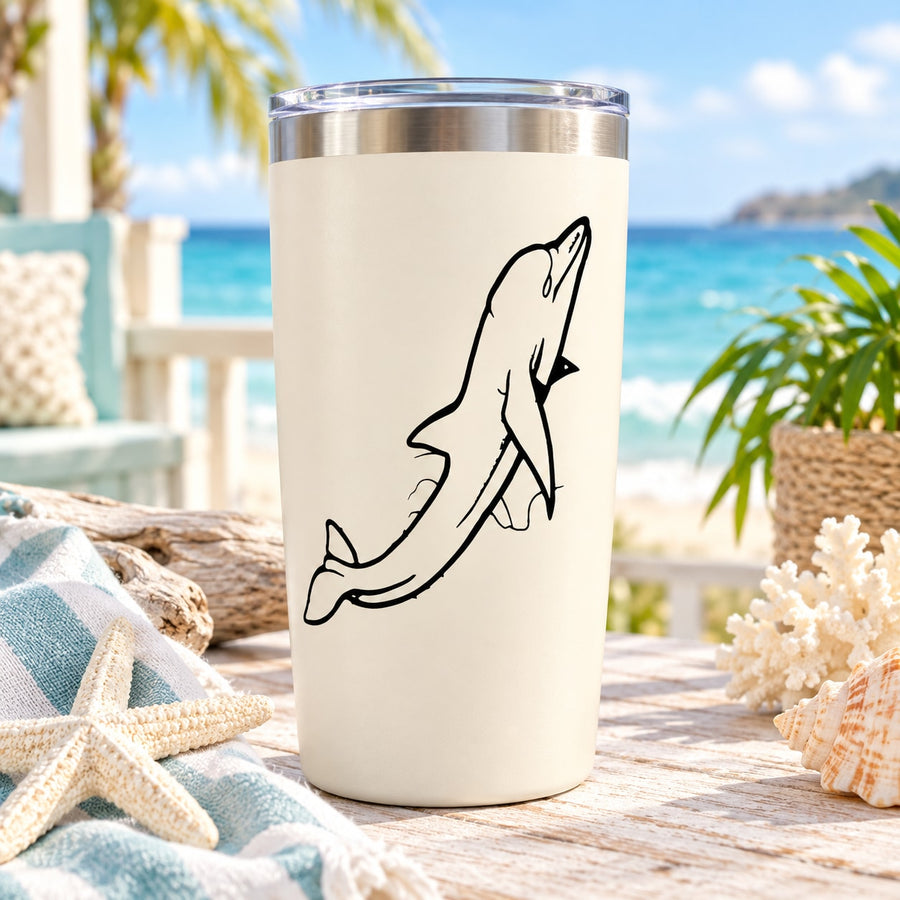 White tumbler with black line dolphin decal