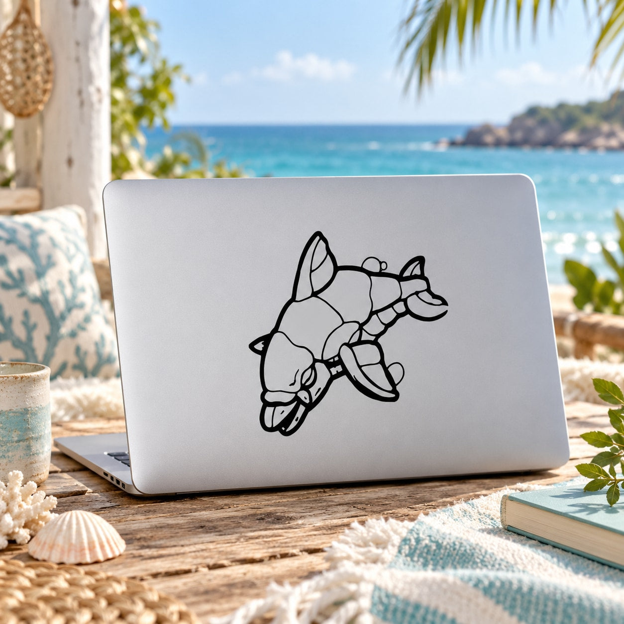 Dolphin outline decal sticker with black line art on white backing