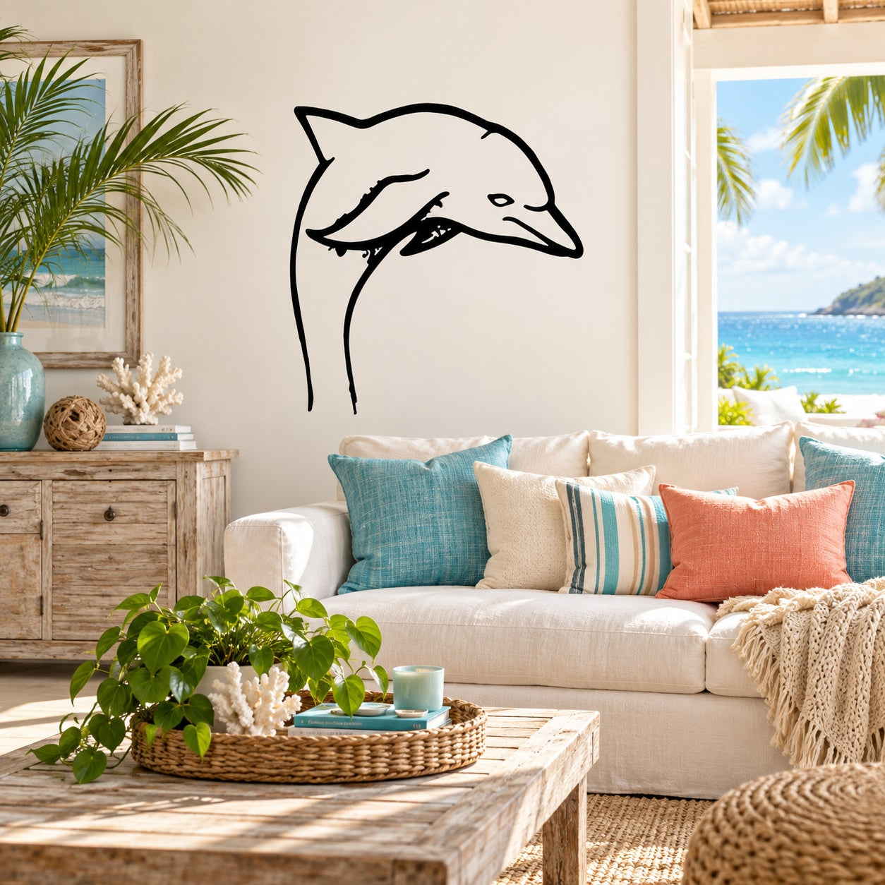 Dolphin decal with black outline, leaping pose
