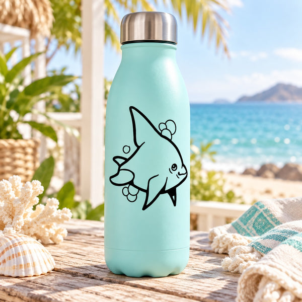 Turquoise water bottle with black angel fish decal