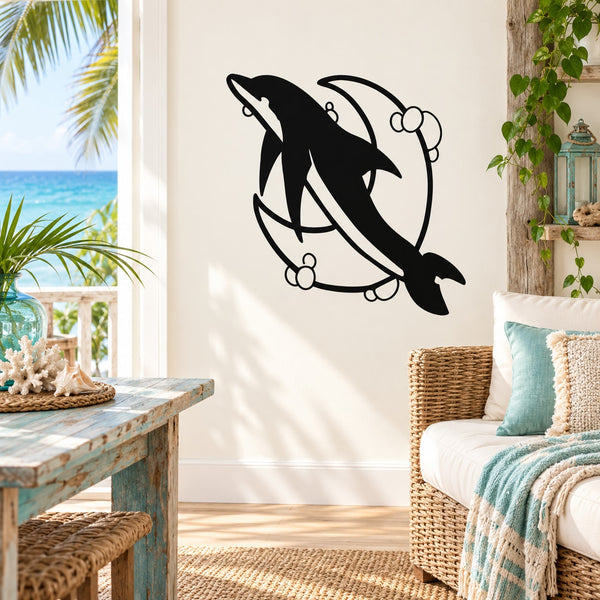 Black dolphin wall decal with bubble outline and moon design