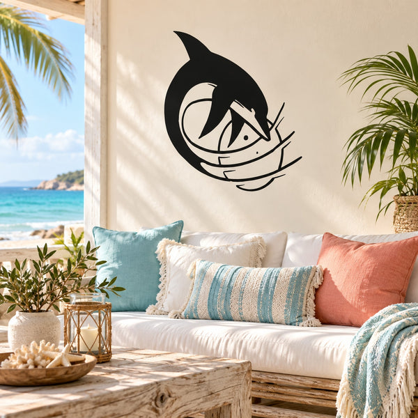 Wall decal featuring a black moon with a dolphin silhouette
