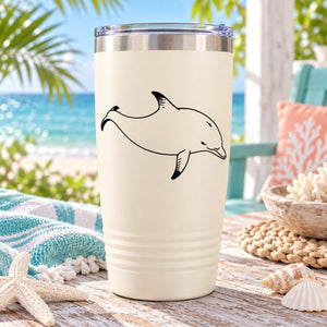 Wading dolphin line-art decal on a white tumbler cup