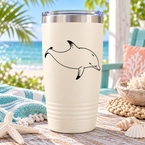 Wading dolphin line-art decal on a white tumbler cup
