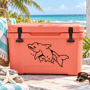 Black dolphin decal on pink cooler lid with latch handles