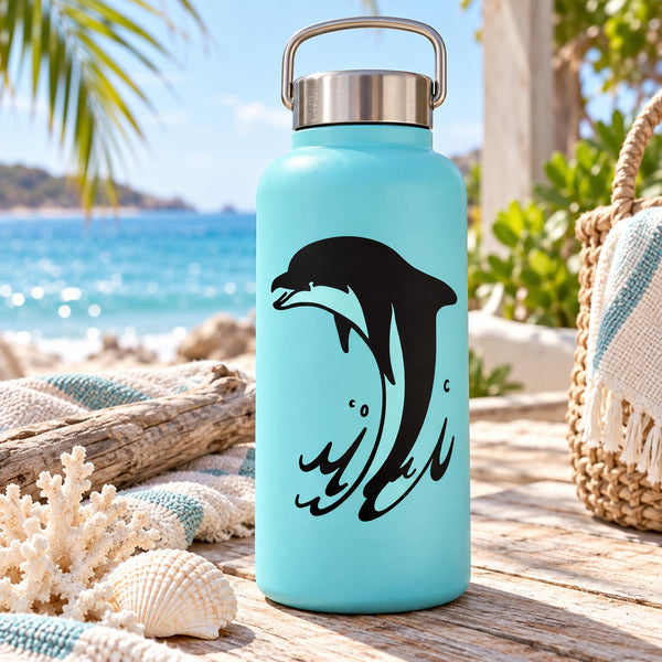 Teal water bottle with black dolphin decal and stainless steel carrying handle