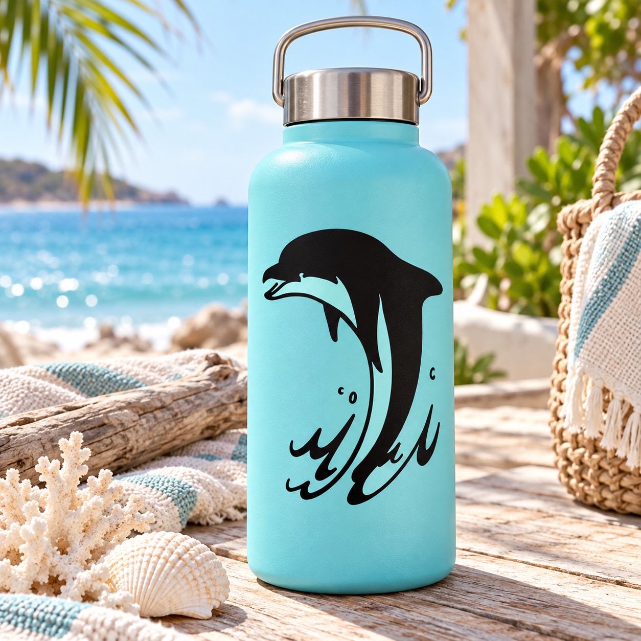 Teal water bottle with black dolphin decal and stainless steel carrying handle