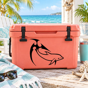 Dolphin and wave decal with black outline on an orange cooler