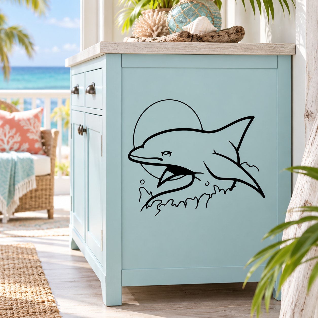 Teal cabinet door with black dolphin decal sticker