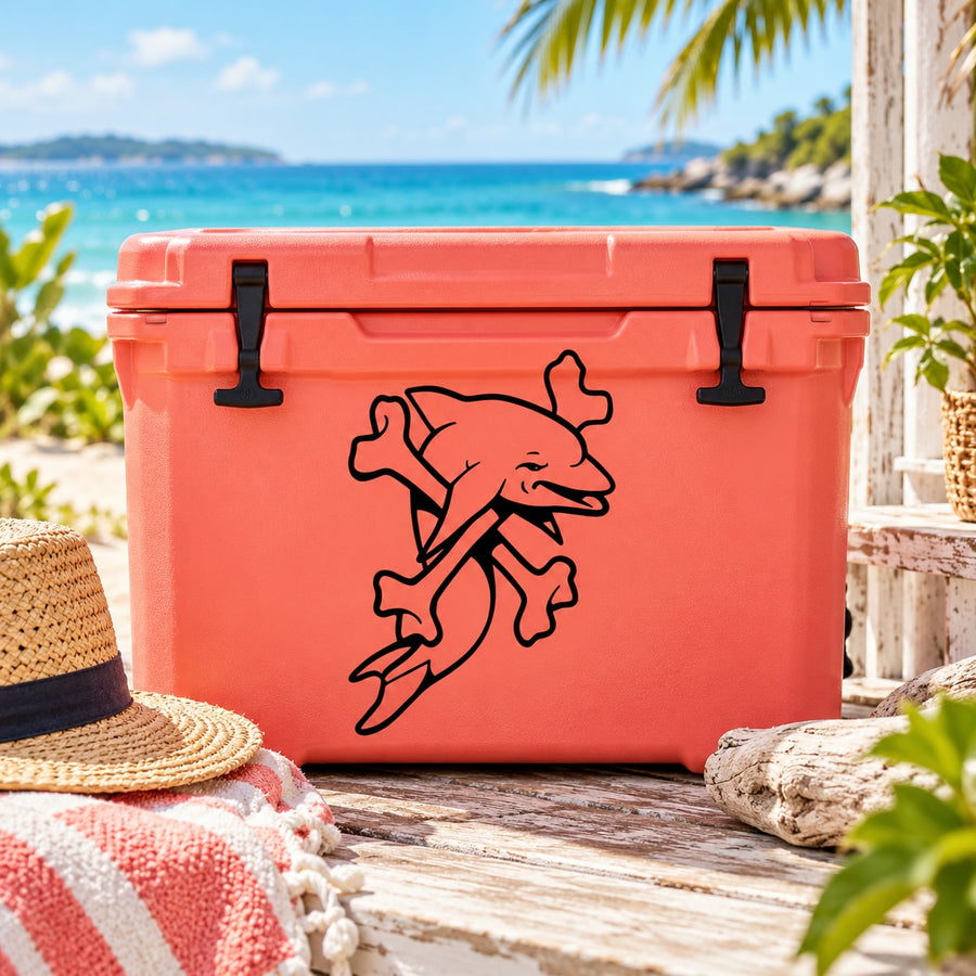 Black dolphin with crossbones line-art decal on orange cooler
