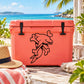 Black dolphin with crossbones line-art decal on orange cooler