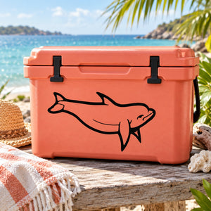 Black Irrawaddy dolphin decal sticker on an orange cooler