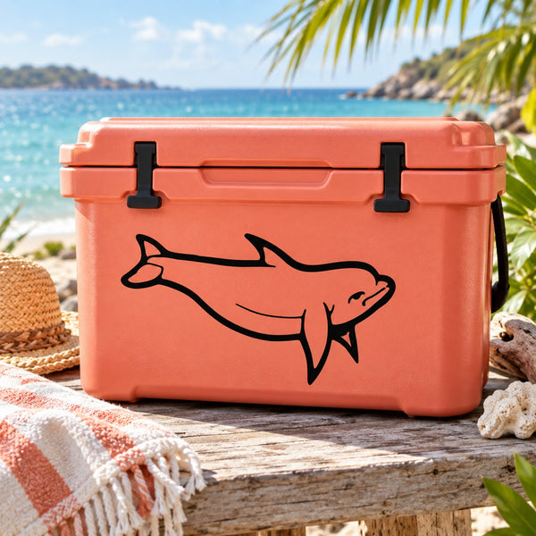 Black Irrawaddy dolphin decal sticker on an orange cooler