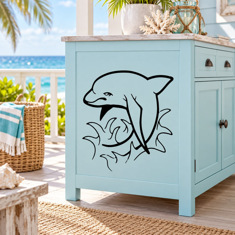 Dolphin splash decal in black line art, featuring a leaping dolphin and waves
