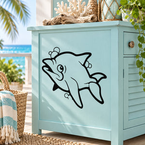 Cute cartoon dolphin wall decal, black outline with smiling face