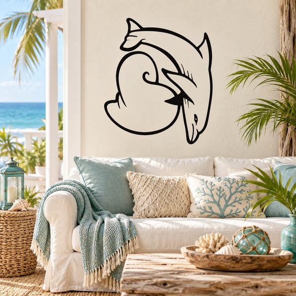 Dolphin and seashell wall decal with black line-art design