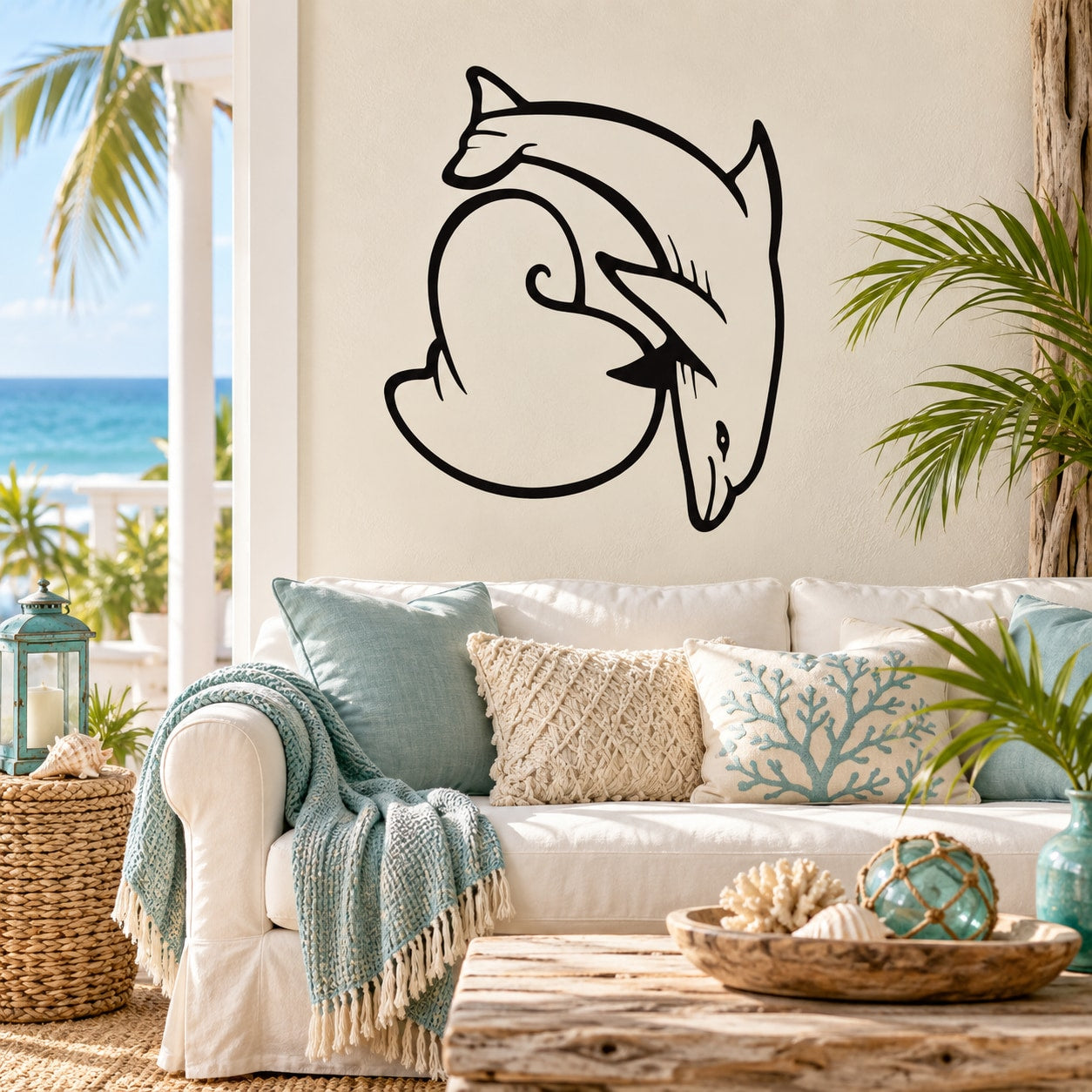 Dolphin and seashell wall decal with black line-art design