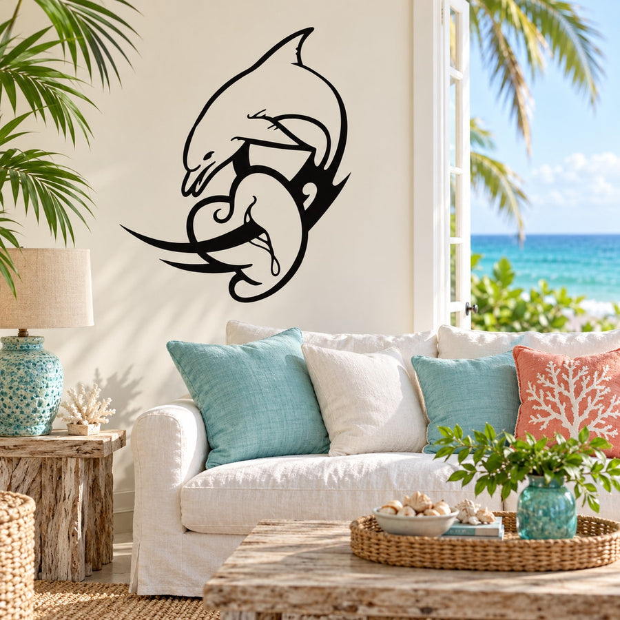 Dolphin and heart shell wall decal with black outline dolphin and heart shell.