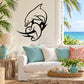 Dolphin and heart shell wall decal with black outline dolphin and heart shell.