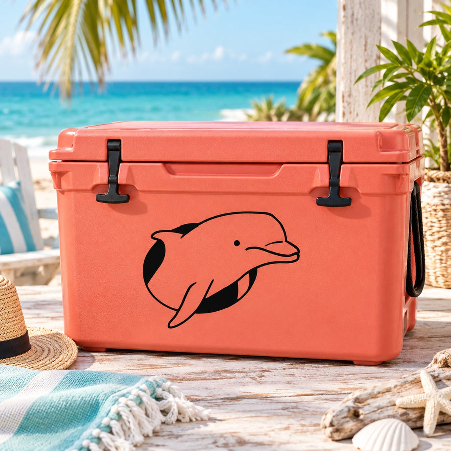 Peeking-hole dolphin decal on orange cooler, black peeking dolphin graphic