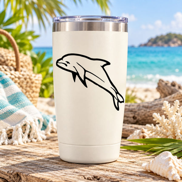 White tumbler with black dolphin swimming decal