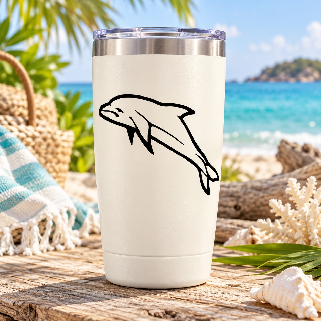 White tumbler with black dolphin swimming decal