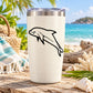 White tumbler with black dolphin swimming decal
