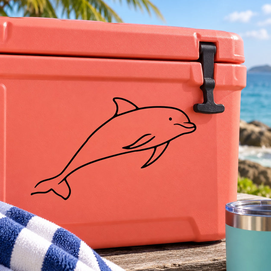 Dolphin swimming line-art decal for cooler, black outline on orange surface