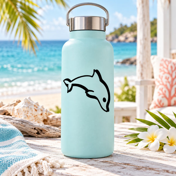 Mint water bottle with thick-stroke dolphin decal on front