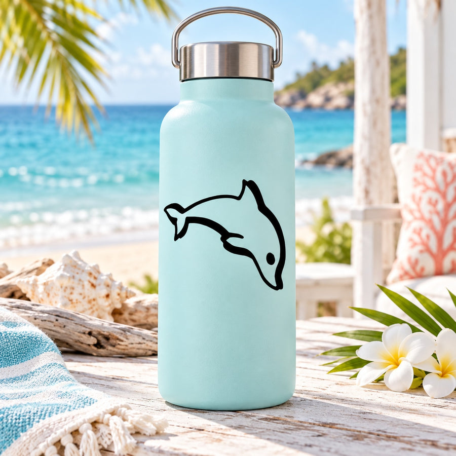 Mint water bottle with thick-stroke dolphin decal on front