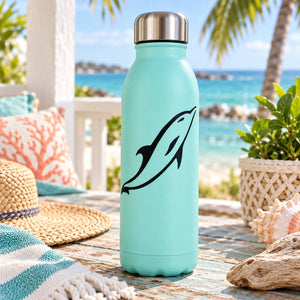 Light teal water bottle with black dolphin swimming decal